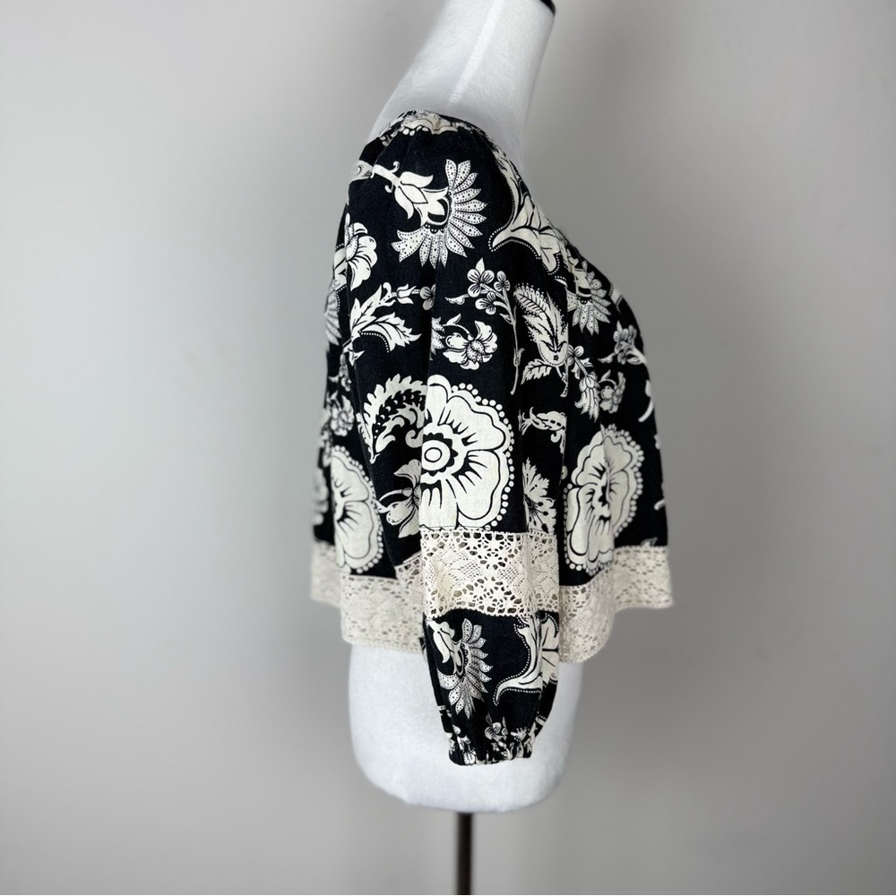 Calligraphie Women's Black and White Floral 3/4 Sleeve Boxy Blouse Size S - Picture 4 of 11